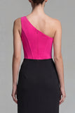 Fucsia e Vestito Elegante Lungo a Seretta con Corsetto Unispalla e Fessura