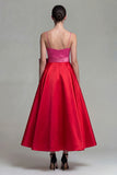 Fucsia e rosso Abito formale midi con fiocco a spalline di raso A Line