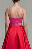 Fucsia e rosso Abito formale midi con fiocco a spalline di raso A Line