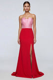 Abito elegante lungo a spalline rosa e rosso sirena con fessura