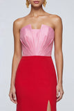 Abito elegante lungo a spalline rosa e rosso sirena con fessura
