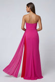 Abito elegante lungo in tulle senza spalline in Fucsia con fascia