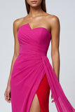 Abito elegante lungo in tulle senza spalline in Fucsia con fascia