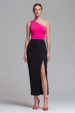 Abito formale midi fucsia e nero a una spalla con fessura