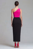 Abito formale midi fucsia e nero a una spalla con fessura
