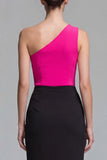 Abito formale midi fucsia e nero a una spalla con fessura