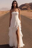 Abito da sposa senza spalline A Line Ivory Maxi Beach con volant