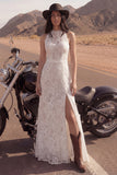 Abito da sposa Boho lungo in pizzo in avorio con fessura
