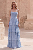 Abito Maxi in Pizzo a Linee A blu polveroso con spalline a livelli e appliche