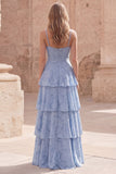 Abito Maxi in Pizzo a Linee A blu polveroso con spalline a livelli e appliche