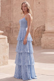Abito Maxi in Pizzo a Linee A blu polveroso con spalline a livelli e appliche