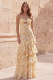 Fiore giallo sirena dolce tesoro hollow con volant abito lungo da cerimonia a livelli