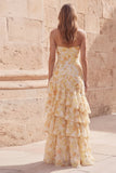 Fiore giallo sirena dolce tesoro hollow con volant abito lungo da cerimonia a livelli