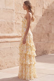 Fiore giallo sirena dolce tesoro hollow con volant abito lungo da cerimonia a livelli