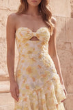 Fiore giallo sirena dolce tesoro hollow con volant abito lungo da cerimonia a livelli