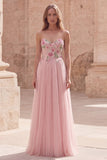 Abito da Cerimonia in tulle applicato in stile A rosa scintillante con perline