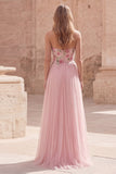 Abito da Cerimonia in tulle applicato in stile A rosa scintillante con perline