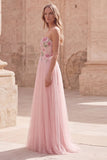 Abito da Cerimonia in tulle applicato in stile A rosa scintillante con perline