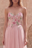Abito da Cerimonia in tulle applicato in stile A rosa scintillante con perline