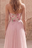 Abito da Cerimonia in tulle applicato in stile A rosa scintillante con perline