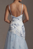 Abito della madre della sposa con paillettes azzurro chiaro e sbuffati
