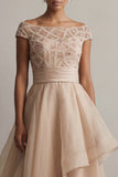 Abito Madre della Sposa con scollo battuto A Line Champagne Sequin