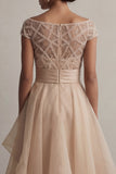 Abito Madre della Sposa con scollo battuto A Line Champagne Sequin