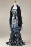 Ricamo floreale in ombre con paillettes lungo abito da ballo con scialle in tulle