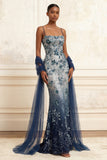 Ricamo floreale in ombre con paillettes lungo abito da ballo con scialle in tulle