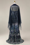 Ricamo floreale in ombre con paillettes lungo abito da ballo con scialle in tulle