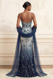 Ricamo floreale in ombre con paillettes lungo abito da ballo con scialle in tulle