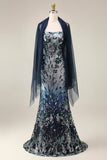 Ricamo floreale in ombre con paillettes lungo abito da ballo con scialle in tulle