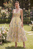 Abito midi floreale giallo ricamato in tulle A-Line
