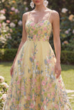 Abito midi floreale giallo ricamato in tulle A-Line