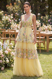 Abito floreale lungo a livelli ricamato a V in tulle giallo