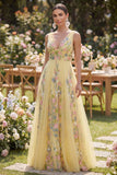 Abito Maxi ricamato a fiori a scollo a V in giallo pastello