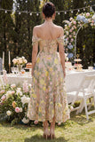 Corsetto Champagne in tulle linea A a spalla scoperta Abito midi floreale ricamato