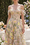 Corsetto Champagne in tulle linea A a spalla scoperta Abito midi floreale ricamato