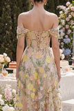 Corsetto Champagne in tulle linea A a spalla scoperta Abito midi floreale ricamato