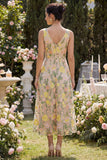 Abito floreale midi a scollo a V ricamato in tulle champagne A-line