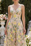 Abito floreale midi a scollo a V ricamato in tulle champagne A-line