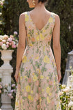 Abito floreale midi a scollo a V ricamato in tulle champagne A-line