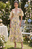 Abito midi floreale ricamato in tulle a spalle scoperte da Champagne con maniche a sbuffo