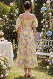 Abito midi floreale ricamato in tulle a spalle scoperte da Champagne con maniche a sbuffo