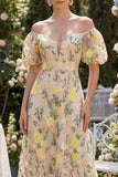 Abito midi floreale ricamato in tulle a spalle scoperte da Champagne con maniche a sbuffo