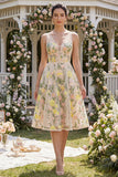 Abito floreale midi ricamato in tulle A-Line Champagne a scollo a V