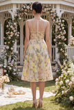 Abito floreale midi ricamato in tulle A-Line Champagne a scollo a V