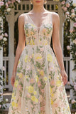 Abito floreale midi ricamato in tulle A-Line Champagne a scollo a V