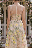 Abito floreale midi ricamato in tulle A-Line Champagne a scollo a V