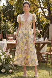 Abito midi floreale a V ricamato in tulle champagne con maniche a sbuffo